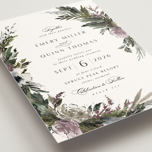 This is a amethyst foil stamped wedding invitations with foil pressed by Kate Ahn called poetique printing on signature in standard