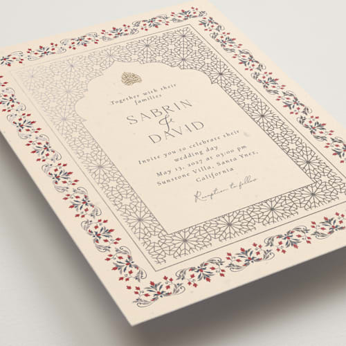 This is a scarlet foil stamped wedding invitations with foil pressed by Sabrin Deirani called islamic arch printing on signature in standard