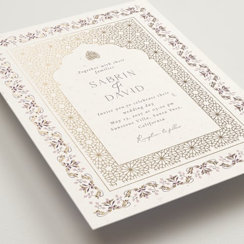 This is a orchid foil stamped wedding invitations with foil pressed by Sabrin Deirani called islamic arch printing on signature in standard