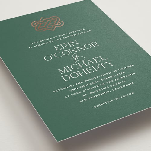 This is a clover foil stamped wedding invitations with foil pressed by Kerry Doyle called celtic love knot printing on signature in standard