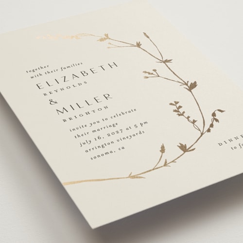 This is a cotton foil stamped wedding invitations with foil pressed by Amy Kross called vine wrap printing on signature in standard