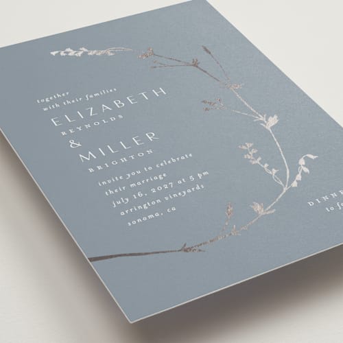 This is a frost foil stamped wedding invitations with foil pressed by Amy Kross called vine wrap printing on signature in standard