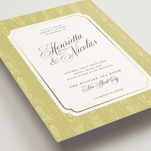 This is a chartreuse foil stamped wedding invitations with foil pressed by Studio Suku called moiré printing on signature in standard