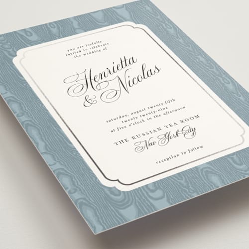 This is a ciel foil stamped wedding invitations with foil pressed by Studio Suku called moiré printing on signature in standard