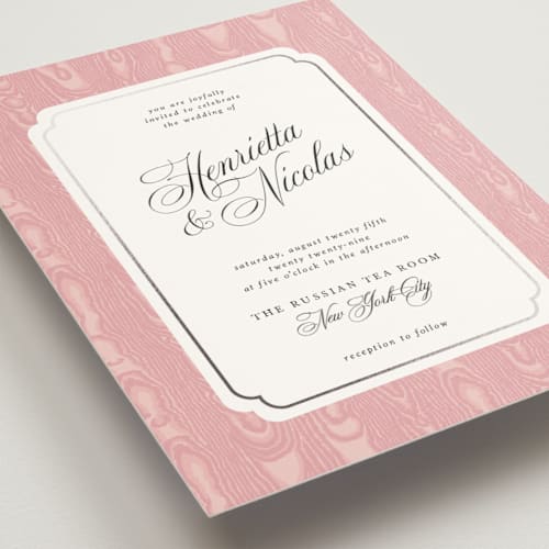 This is a blush foil stamped wedding invitations with foil pressed by Studio Suku called moiré printing on signature in standard
