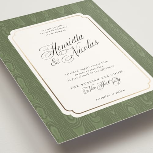 This is a olive foil stamped wedding invitations with foil pressed by Studio Suku called moiré printing on signature in standard