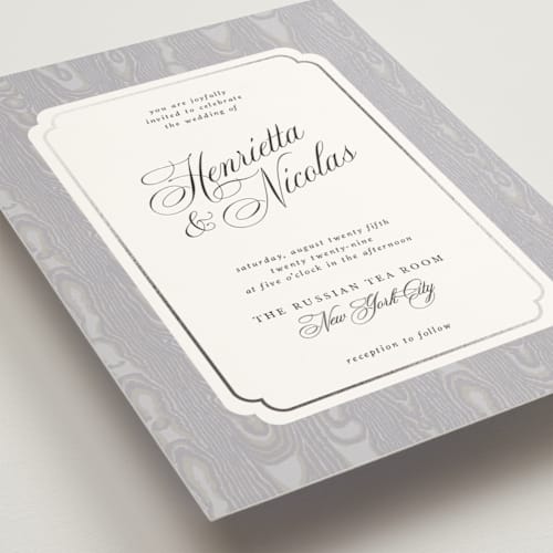 This is a smoke foil stamped wedding invitations with foil pressed by Studio Suku called moiré printing on signature in standard