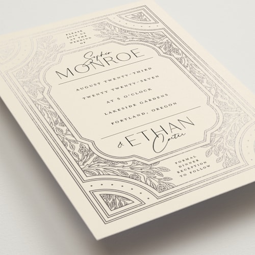 This is a cream foil stamped wedding invitations with foil pressed by GeekInk Design called heirloom branches printing on signature in standard