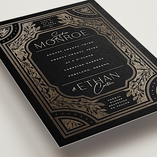 This is a midnight foil stamped wedding invitations with foil pressed by GeekInk Design called heirloom branches printing on signature in standard
