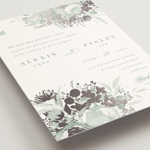 This is a sage foil stamped wedding invitations with foil pressed by Shannon Chen of Four Wet Feet Studio called happiness printing on signature in standard