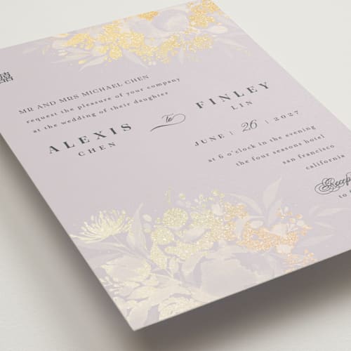 This is a lilac foil stamped wedding invitations with foil pressed by Shannon Chen of Four Wet Feet Studio called happiness printing on signature in standard