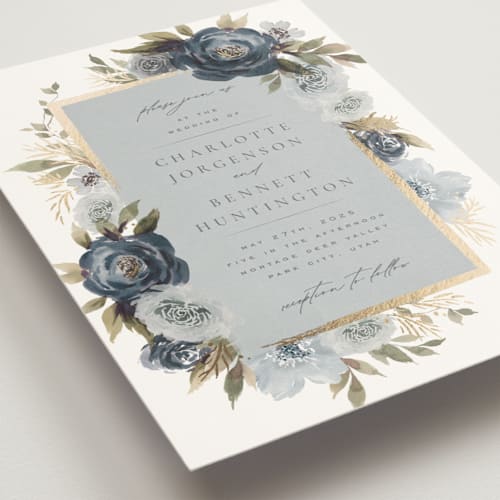 This is a indigo foil stamped wedding invitations with foil pressed by Wildfield Paper Co called romantic frame printing on signature in standard