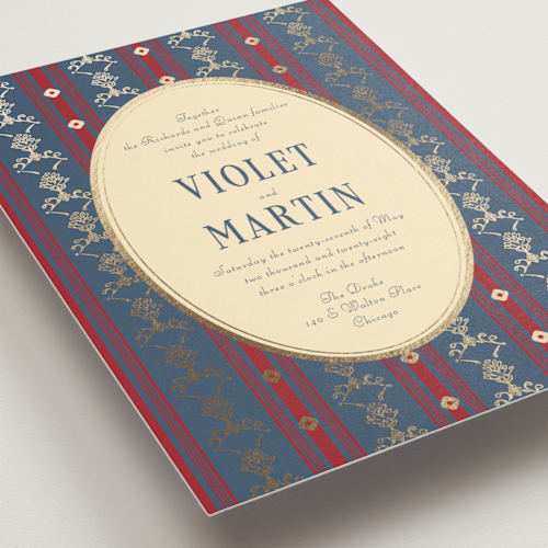 This is a navy foil stamped wedding invitations with foil pressed by Baumbirdy called woven printing on signature in standard