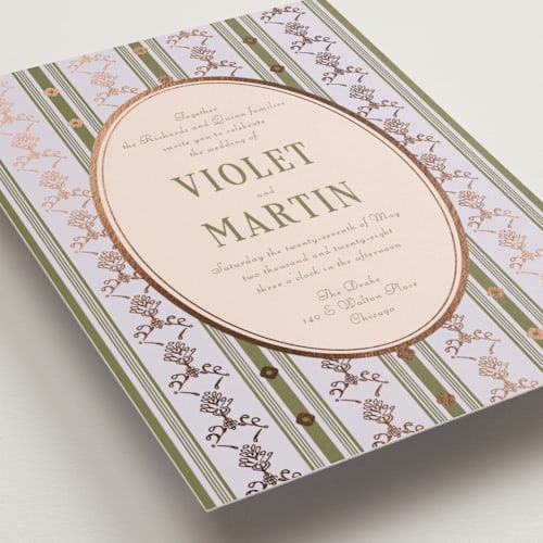 This is a jade foil stamped wedding invitations with foil pressed by Baumbirdy called woven printing on signature in standard