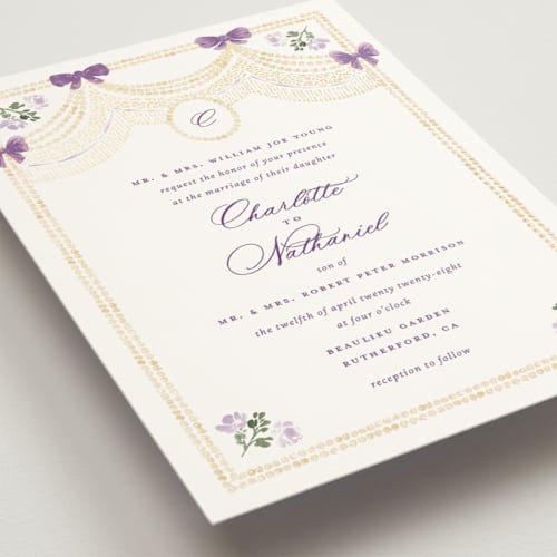 This is a amethyst foil stamped wedding invitations with foil pressed by Claudia Orengo called tuileries printing on signature in standard