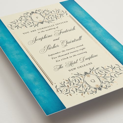 This is a marine foil stamped wedding invitations with foil pressed by Jackie Crawford called josephine printing on signature in standard