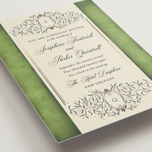 This is a moss foil stamped wedding invitations with foil pressed by Jackie Crawford called josephine printing on signature in standard