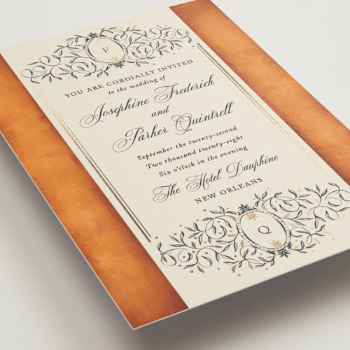 This is a tangerine foil stamped wedding invitations with foil pressed by Jackie Crawford called josephine printing on signature in standard