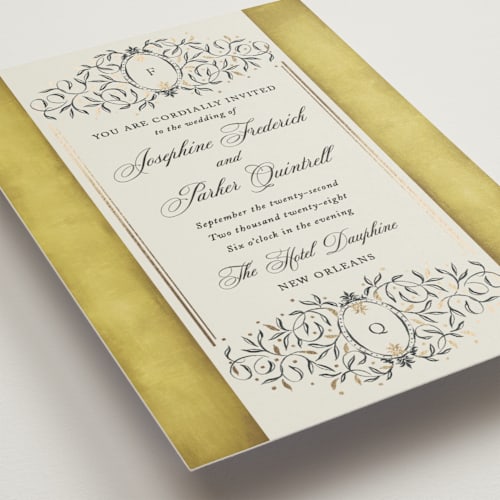 This is a citron foil stamped wedding invitations with foil pressed by Jackie Crawford called josephine printing on signature in standard