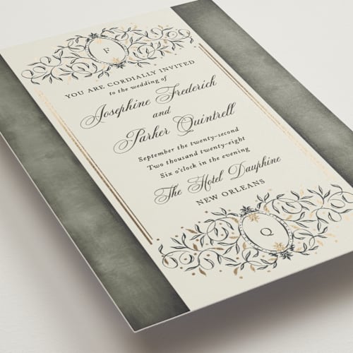 This is a noir foil stamped wedding invitations with foil pressed by Jackie Crawford called josephine printing on signature in standard