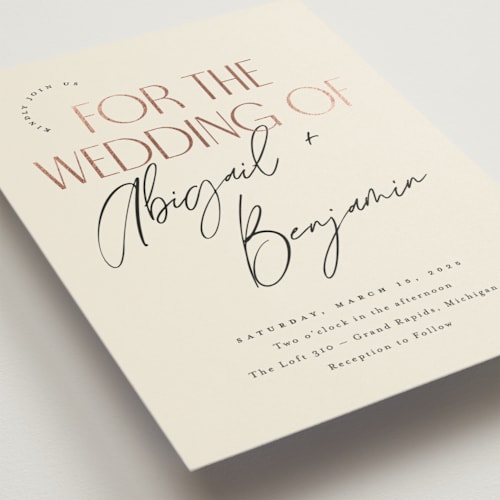 This is a cream puff foil stamped wedding invitations with foil pressed by Pixel and Hank called together printing on signature in standard