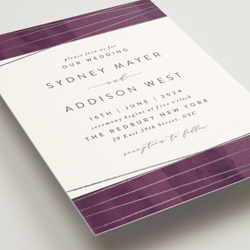 This is a eggplant foil stamped wedding invitations with foil pressed by Hooray Creative called geo chic printing on signature in standard