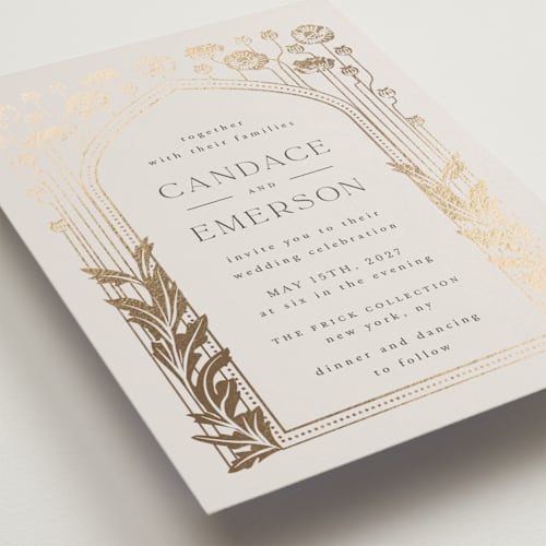 This is a snow foil stamped wedding invitations with foil pressed by Ana de Sousa called nouveau flowers printing on signature in standard