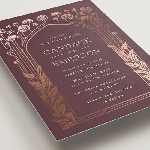 This is a plum foil stamped wedding invitations with foil pressed by Ana de Sousa called nouveau flowers printing on signature in standard