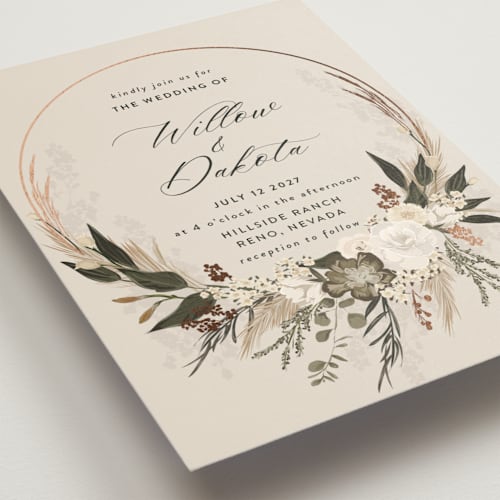 This is a latte foil stamped wedding invitations with foil pressed by Susan Moyal called botanical edge printing on signature in standard