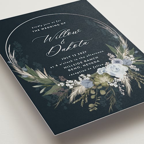 This is a marine foil stamped wedding invitations with foil pressed by Susan Moyal called botanical edge printing on signature in standard