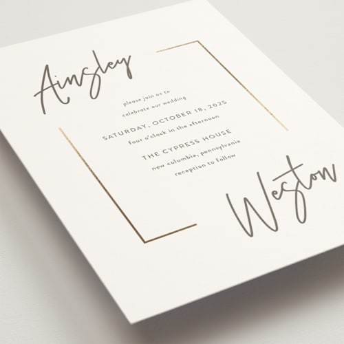 This is a milk white foil stamped wedding invitations with foil pressed by Robin Ott called balanced printing on signature in standard