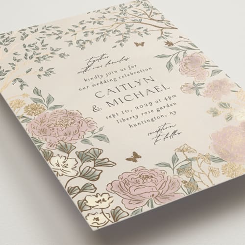 This is a blush meadow foil stamped wedding invitations with foil pressed by Grae called dancing in the garden printing on signature in standard
