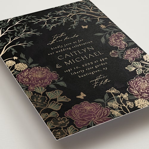 This is a midnight plum foil stamped wedding invitations with foil pressed by Grae called dancing in the garden printing on signature in standard