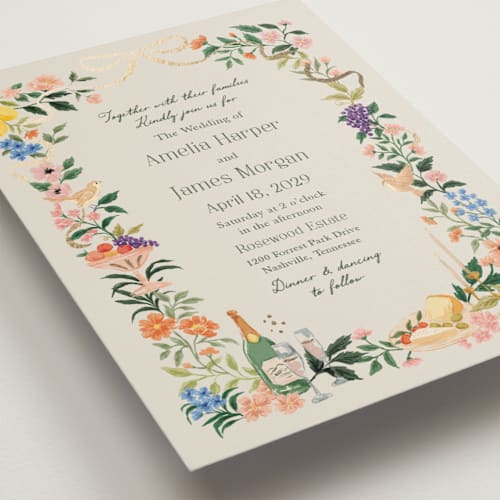 This is a garden foil stamped wedding invitations with foil pressed by Elly called garden feast printing on signature in standard