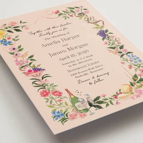 This is a blush foil stamped wedding invitations with foil pressed by Elly called garden feast printing on signature in standard