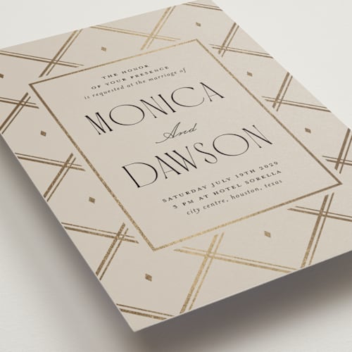 This is a champagne foil stamped wedding invitations with foil pressed by Kristin Oliversen called luxe lines printing on signature in standard