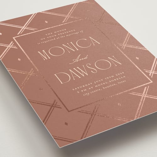 This is a dusty rose foil stamped wedding invitations with foil pressed by Kristin Oliversen called luxe lines printing on signature in standard