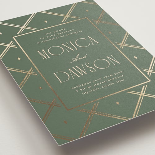 This is a garden foil stamped wedding invitations with foil pressed by Kristin Oliversen called luxe lines printing on signature in standard