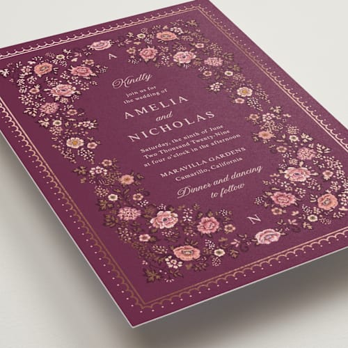 This is a mulberry foil stamped wedding invitations with foil pressed by Paola Benenati called blooming path printing on signature in standard