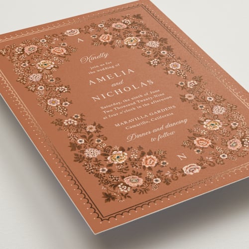 This is a sunset foil stamped wedding invitations with foil pressed by Paola Benenati called blooming path printing on signature in standard