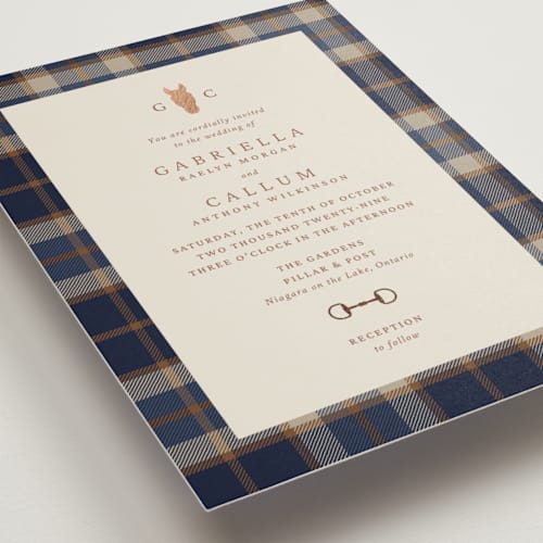 This is a midnight foil stamped wedding invitations with foil pressed by Sam Dubeau called equestrian printing on signature in standard