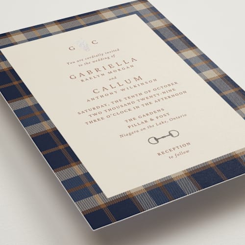 This is a midnight foil stamped wedding invitations with foil pressed by Sam Dubeau called equestrian printing on signature in standard