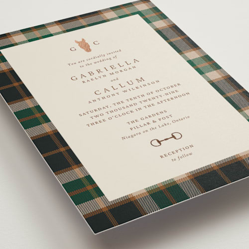 This is a evergreen foil stamped wedding invitations with foil pressed by Sam Dubeau called equestrian printing on signature in standard
