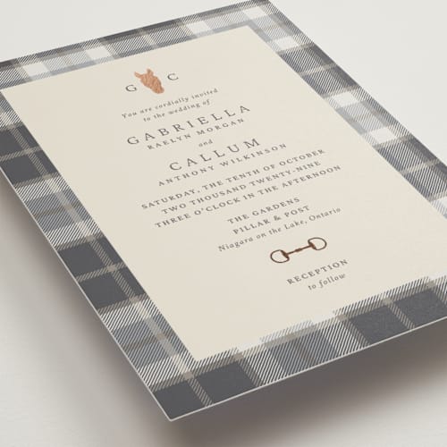 This is a pewter foil stamped wedding invitations with foil pressed by Sam Dubeau called equestrian printing on signature in standard