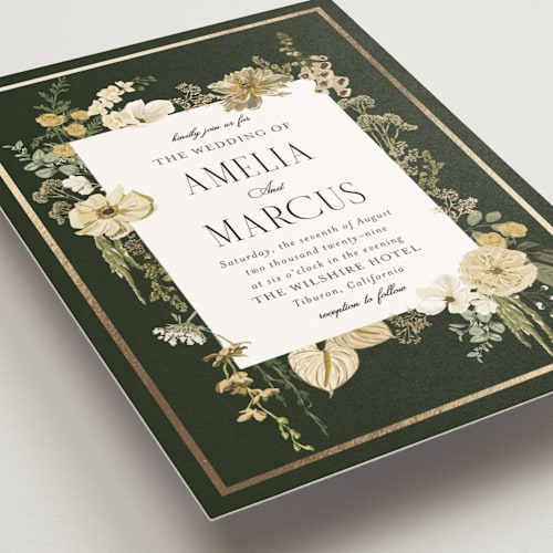 This is a gilded honey foil stamped wedding invitations with foil pressed by Susan Moyal called flouriishing printing on signature in standard