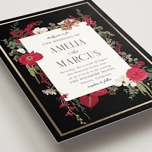 This is a crimson foil stamped wedding invitations with foil pressed by Susan Moyal called flouriishing printing on signature in standard