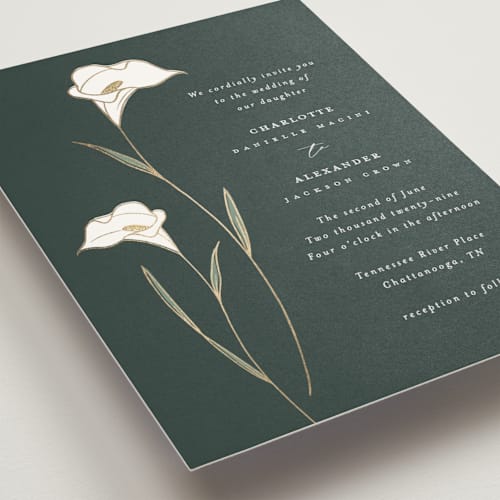 This is a forest foil stamped wedding invitations with foil pressed by Stacey Meacham called elegant lillies printing on signature in standard