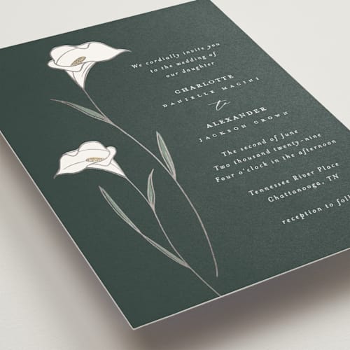 This is a forest foil stamped wedding invitations with foil pressed by Stacey Meacham called elegant lillies printing on signature in standard