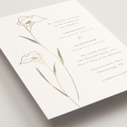 This is a cotton foil stamped wedding invitations with foil pressed by Stacey Meacham called elegant lillies printing on signature in standard