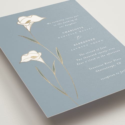 This is a dusty blue foil stamped wedding invitations with foil pressed by Stacey Meacham called elegant lillies printing on signature in standard